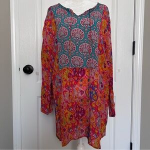 Benares Women’s Boho Chic Vibrant Pink & Blue Women's Tunic Top Size Medium